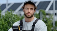 Young Caucasian male technician with beard wearing cap and overalls at solar panel installation site surrounded by greenery, representing renewable energy industry.
