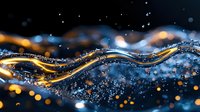 Flowing golden waves with sparkling water drops against dark background create mesmerizing abstract pattern with bokeh lights and glowing particles.