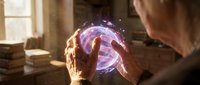 Magician holding glowing purple orb with mystical energy, casting spell in ancient library setting with magical light effects.