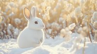 White rabbit sitting in snowy field surrounded by golden dried grass and backlit by warm winter sunlight creating magical nature atmosphere.