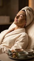 Young woman in white robe with clay face mask and towel on head relaxing at luxury spa, eyes closed, serene wellness treatment.