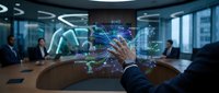 Business professional presenting holographic data visualization in modern conference room with digital charts and graphs for corporate meeting.