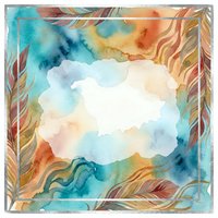 Watercolor frame with flowing feather borders in warm and cool tones, featuring a blank white center space for text or design overlay. Suitable for invitations, greeting cards, and creative projects.