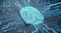Digital fingerprint glowing on futuristic circuit board with blue neon lights for cybersecurity and biometric authentication technology concepts.