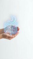 Hands holding glowing holographic digestive system organs stomach intestines on white background for medical healthcare education and wellness concepts.