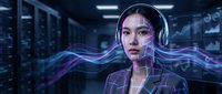 Young Asian businesswoman with headphones surrounded by flowing digital data streams in modern server room for technology presentations.