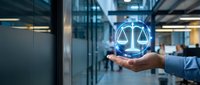 Lawyer holding glowing scales of justice symbol in modern office environment, representing legal services, law firm expertise, and professional compliance standards.