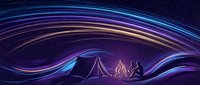 Camping tent with campfire under vibrant aurora borealis light trails in starry night sky for outdoor adventure and travel designs.