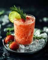Fresh strawberry cocktail garnished with lime slice, rosemary sprig and ice cubes on dark background. Refreshing summer drink with fresh berries.