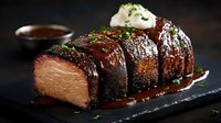 Juicy sliced beef tenderloin with dark chocolate sauce, topped with butter and fresh herbs served on black stone plate against dark background.