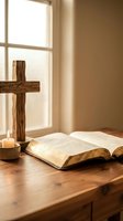 Wooden cross and open bible with lit candle on rustic table by window creating peaceful spiritual atmosphere for prayer and meditation.