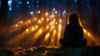 Young woman sitting alone on ground at night surrounded by magical glowing lights in misty forest creating dreamy atmospheric scene. Concept of solitude and hope.
