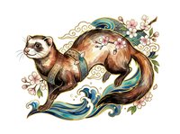 Ferret with flowing teal ribbons, pink blossoms, and ornamental swirls on isolated white background. Whimsical woodland creature design for apparel, stickers, and crafts.