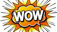 Comic book style WOW explosion burst with radiating lines on white background. Pop art speech bubble with halftone dots pattern for advertising and promotional designs.