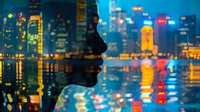 Double exposure silhouette of woman against vibrant city skyline at night with colorful lights reflecting on water creating artistic urban portrait composition.