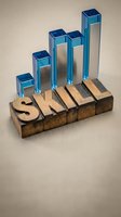 Blue glass bars rising from wooden blocks spelling SKILL, representing professional development and competency growth in business training.