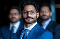 Young South Asian businessman wearing blue suit and glasses smiling confidently with colleagues in background, professional corporate portrait in modern office setting.