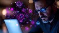 Mature businessman working late on laptop with glowing purple digital network visualization and technology icons floating in dark office space.