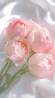 Delicate pink roses with soft petals arranged on white silk fabric, creating romantic and elegant atmosphere for wedding invitations or feminine designs.