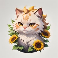 Adorable cream and ginger Persian cat portrait with golden eyes surrounded by vibrant sunflowers and green leaves on light background, artistic style illustration.