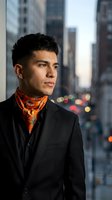 Young Hispanic businessman in elegant black suit with orange patterned scarf standing confidently against urban city backdrop with blurred lights and skyscrapers.