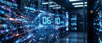 Futuristic digital clock displaying 06:00 AM with glowing holographic interface and data streams in modern server room environment for technology concepts.