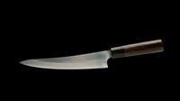 Sharp chef knife with dark wooden handle isolated on transparent background, ready for culinary design, t-shirt graphics, clipart, print-on-demand products and sublimation projects.