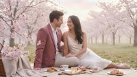 Young couple enjoying romantic picnic under blooming cherry blossom trees in spring, sitting on blanket with food and drinks for engagement, wedding, or anniversary celebration.