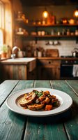 Plated meat stew with roasted vegetables and toasted bread served on rustic wooden table in warm kitchen setting, suitable for food photography and culinary content.