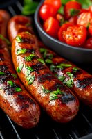 Grilled sausages with herbs on barbecue grill and fresh tomatoes in bowl. Summer outdoor cooking and BBQ party food preparation for restaurant menu.