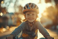 Happy young girl wearing safety helmet while riding bicycle at sunset, golden hour lighting creates warm atmosphere and bokeh effect in background.