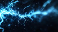 Glowing electric lightning bolt with blue plasma energy effect against dark background, dynamic power concept with smoke and light trails for technology designs.