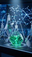 Modern laboratory glassware with green chemical solution and molecular structure display for scientific research and pharmaceutical development.