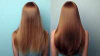 Young woman with long straight brown hair shown from behind, before and after hair treatment comparison demonstrating smoothness and shine transformation.