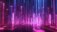 Futuristic digital cityscape with glowing vertical light beams in neon pink and blue colors creating abstract urban landscape with reflective surface. For technology backgrounds.
