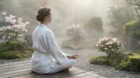 Young woman in white robe practicing meditation in peaceful zen garden with blooming flowers and moss-covered stones during golden hour sunrise.