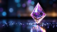 Glowing purple crystal pyramid floating against dark background with bokeh lights and reflections, creating magical atmosphere for mystical designs.
