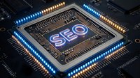 SEO microchip processor with glowing neon lights on dark circuit board. Digital marketing technology concept for web optimization and search engine ranking.