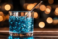 Glowing blue cocktail in crystal glass with metal straw against blurred golden bokeh lights background creates magical atmosphere for party or celebration.