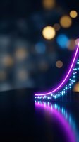 Glowing neon purple and blue lights creating curved lines with bokeh effect on dark background for modern digital design and technology concepts.