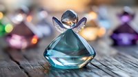 Crystal glass angel perfume bottle in turquoise blue on rustic wooden surface with blurred colorful bokeh background, decorative fragrance container.