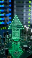 Green digital arrow with binary code rising from computer circuit board representing data growth, technology advancement and digital transformation.
