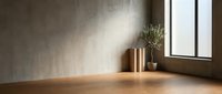 Minimalist interior corner with warm sunlight streaming through window onto wooden floor, concrete wall and copper vase with dried plant creating serene atmosphere.