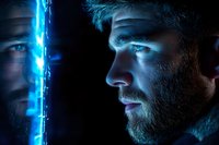 Bearded man's profile illuminated by intense blue light, dramatic side lighting creates mysterious atmosphere against dark background, reflection in mirror surface.