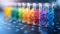 Colorful laboratory test tubes with rainbow gradient solutions in glass containers on reflective surface with network pattern, scientific research concept.