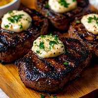 Grilled beef steaks topped with garlic herb butter medallions and fresh parsley on wooden cutting board, charred grill marks and caramelized crust.