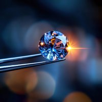 Brilliant blue diamond held by tweezers against dark background with light flare and bokeh effect, showcasing luxury jewelry craftsmanship and gemstone detail.