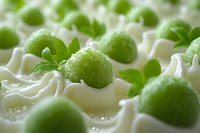 Fresh green peas nestled in swirls of creamy white sauce, with water droplets creating appetizing texture, macro food photography for culinary design.