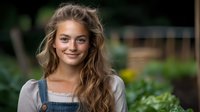 Young Caucasian woman with long wavy brown hair and natural makeup wearing denim overalls and light top smiling at camera in garden setting with soft bokeh background.