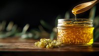 Golden honey dripping from wooden spoon into glass jar with honeycomb on rustic table for natural organic food and wellness marketing.